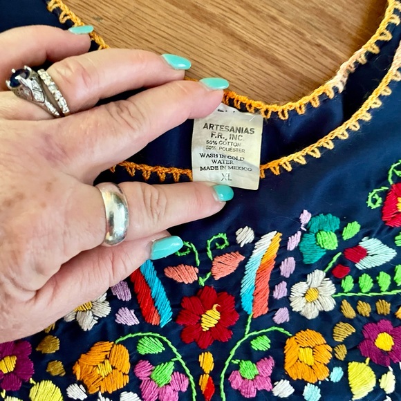 Mexican Wedding Dress NEW Navy Blue Embroidered XL Multicolor Midi - Picture 6 of 9